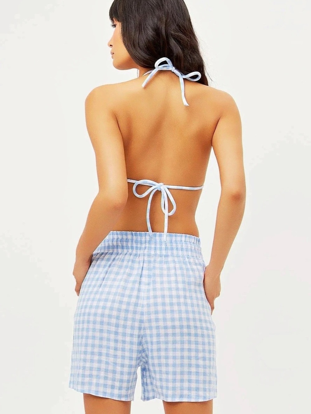 π FRANKIES BIKINIS Lou high waist linen gingham shorts in Bluebell blue size XS - Picture 4 of 7